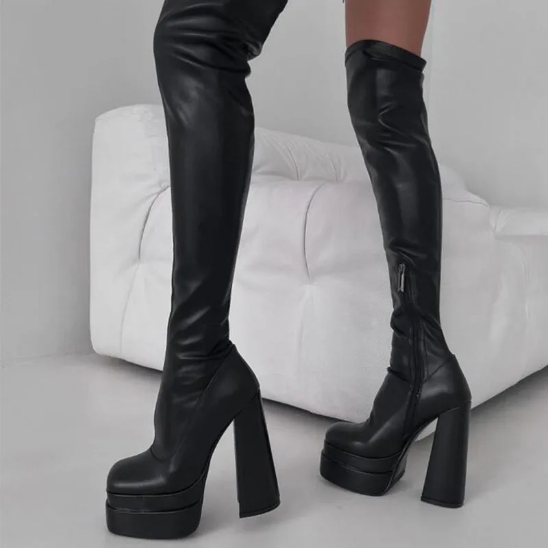 Fashion Platform Women Over The Knee Boots Sexy Feamle Square Toe Pu Thick Bottom Shoes Ladies Block High Heels Zipper Long Boot