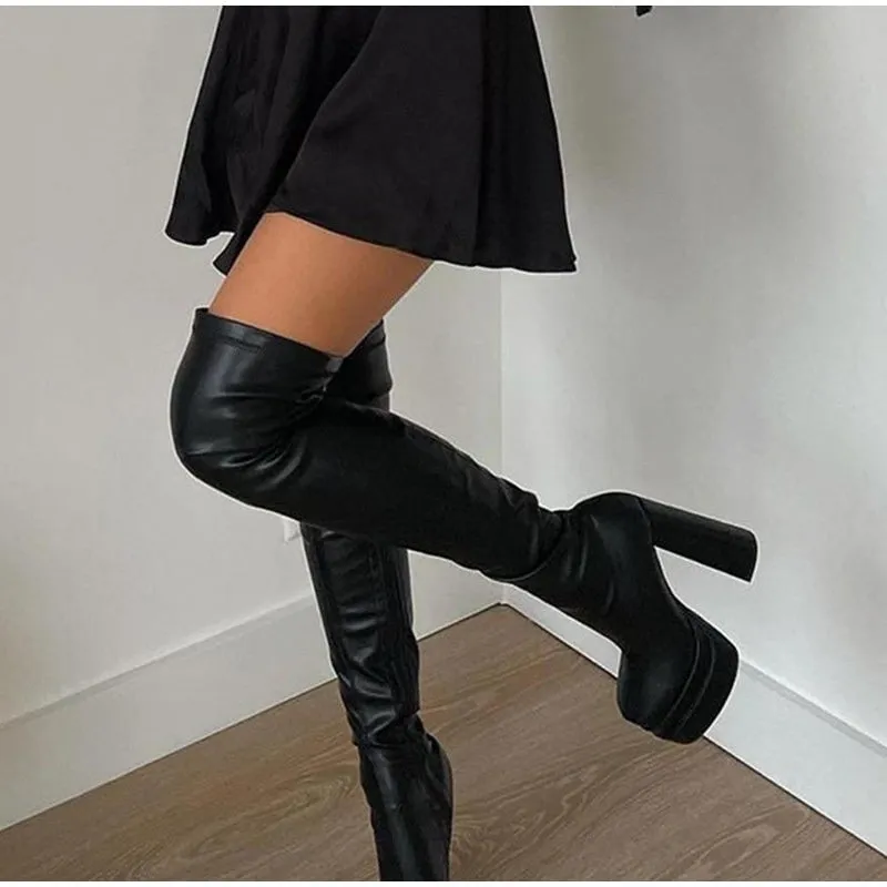 Fashion Platform Women Over The Knee Boots Sexy Feamle Square Toe Pu Thick Bottom Shoes Ladies Block High Heels Zipper Long Boot