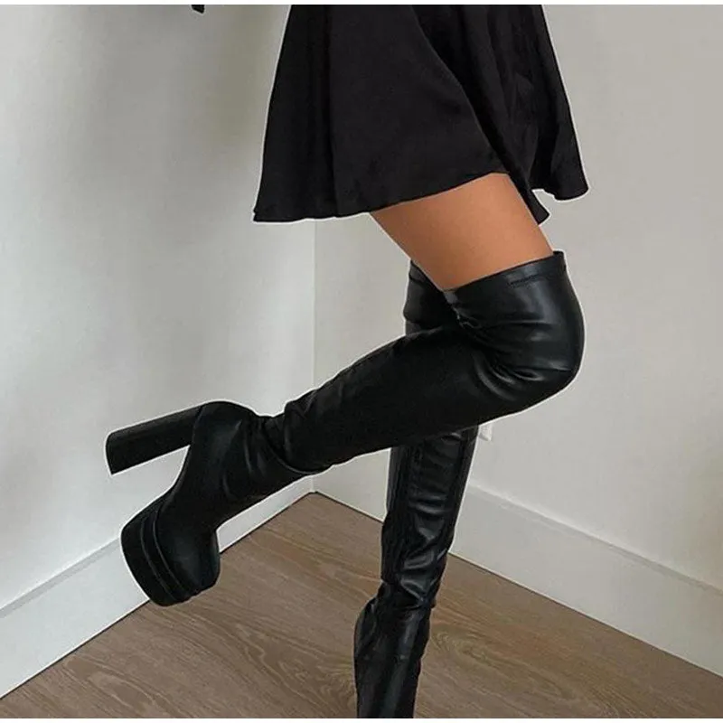 Fashion Platform Women Over The Knee Boots Sexy Feamle Square Toe Pu Thick Bottom Shoes Ladies Block High Heels Zipper Long Boot