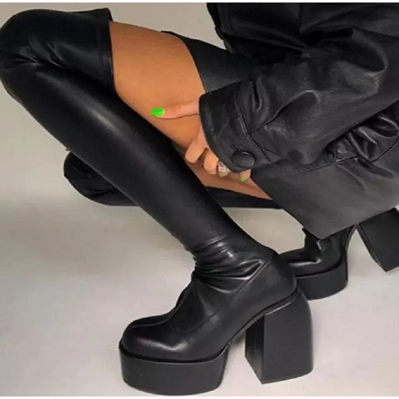 Fashion Platform Women Over The Knee Boots Sexy Feamle Square Toe Pu Thick Bottom Shoes Ladies Block High Heels Zipper Long Boot