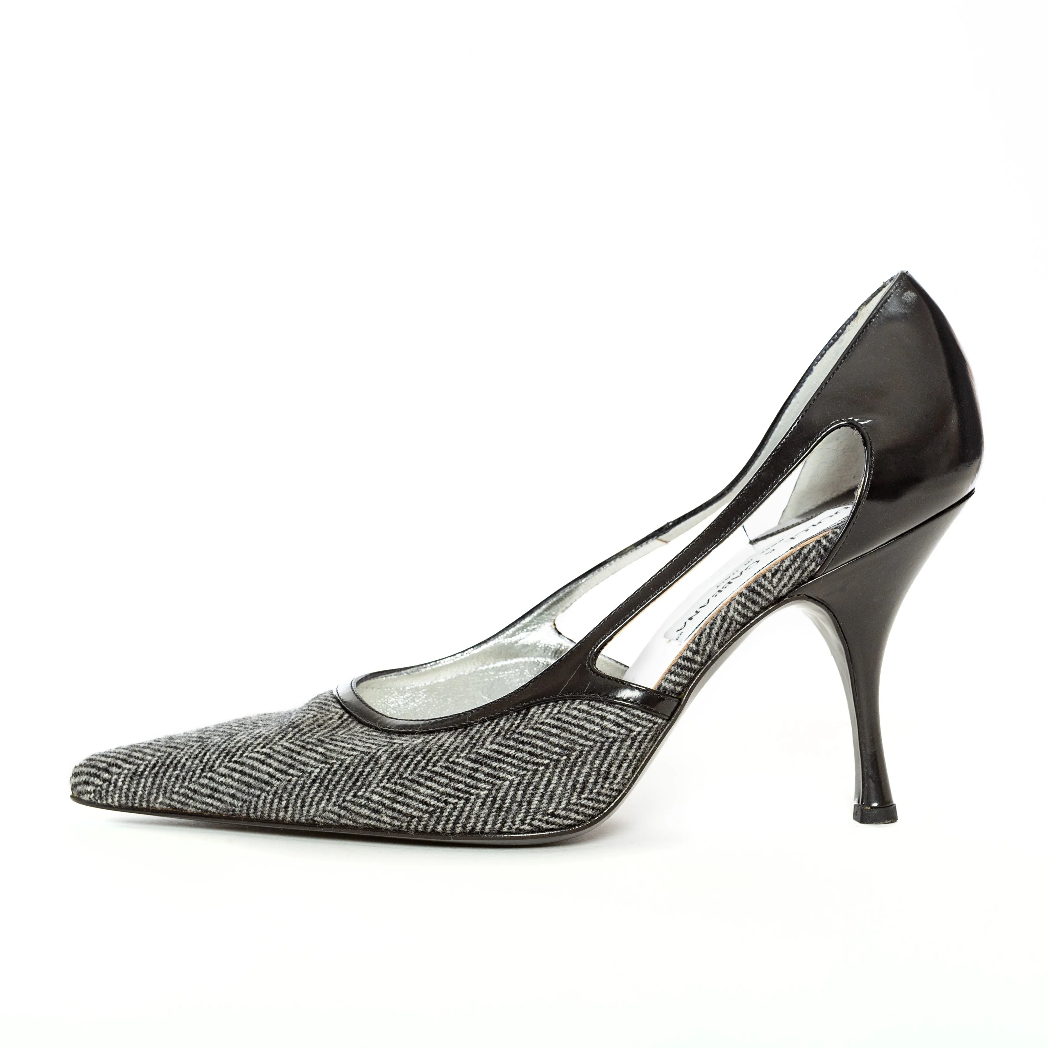 Gray and Black Wool Herringbone Pointed Pumps 38