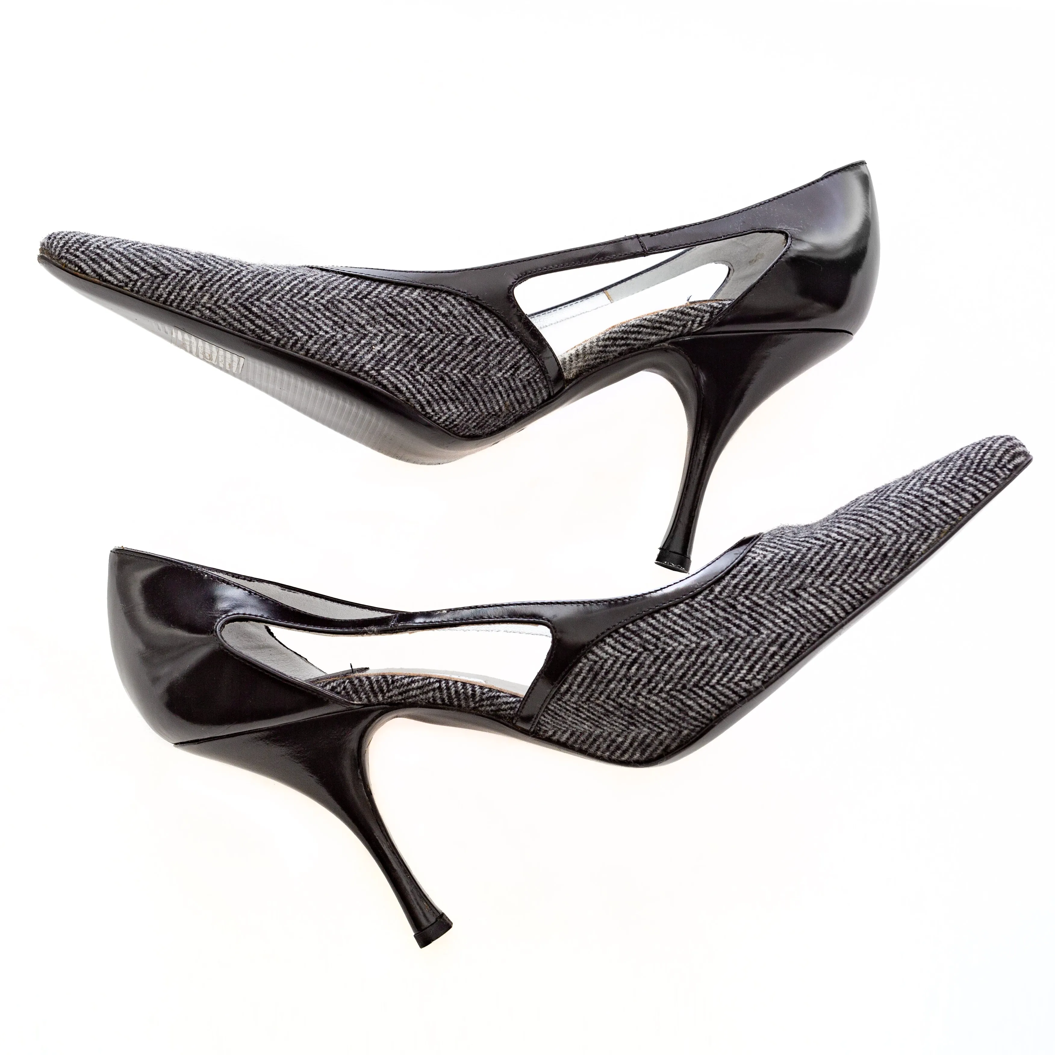 Gray and Black Wool Herringbone Pointed Pumps 38