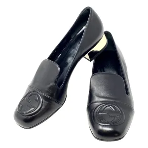 GUCCI 391973 Black Leather Logo Loafers Flats Gold Heel Size 37 | 6.5