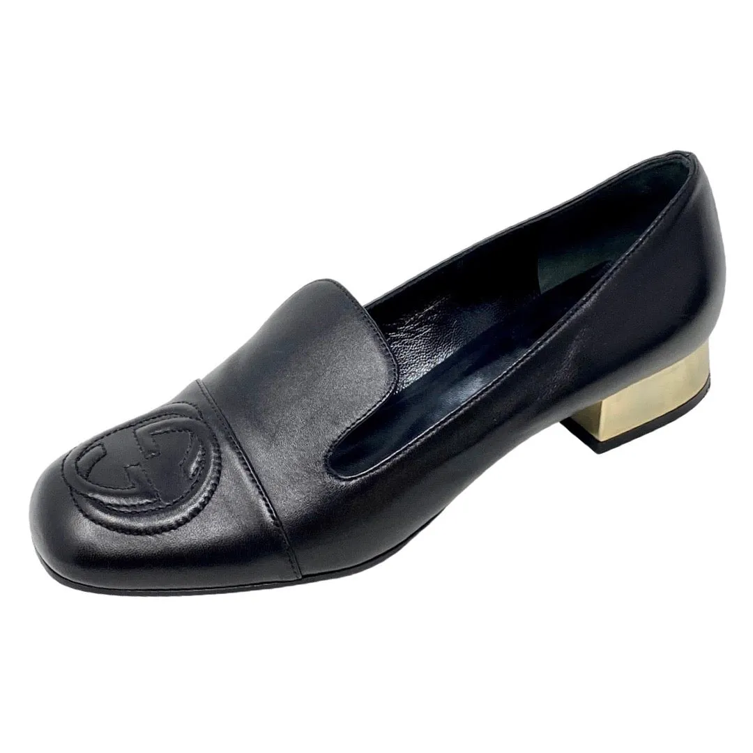 GUCCI 391973 Black Leather Logo Loafers Flats Gold Heel Size 37 | 6.5