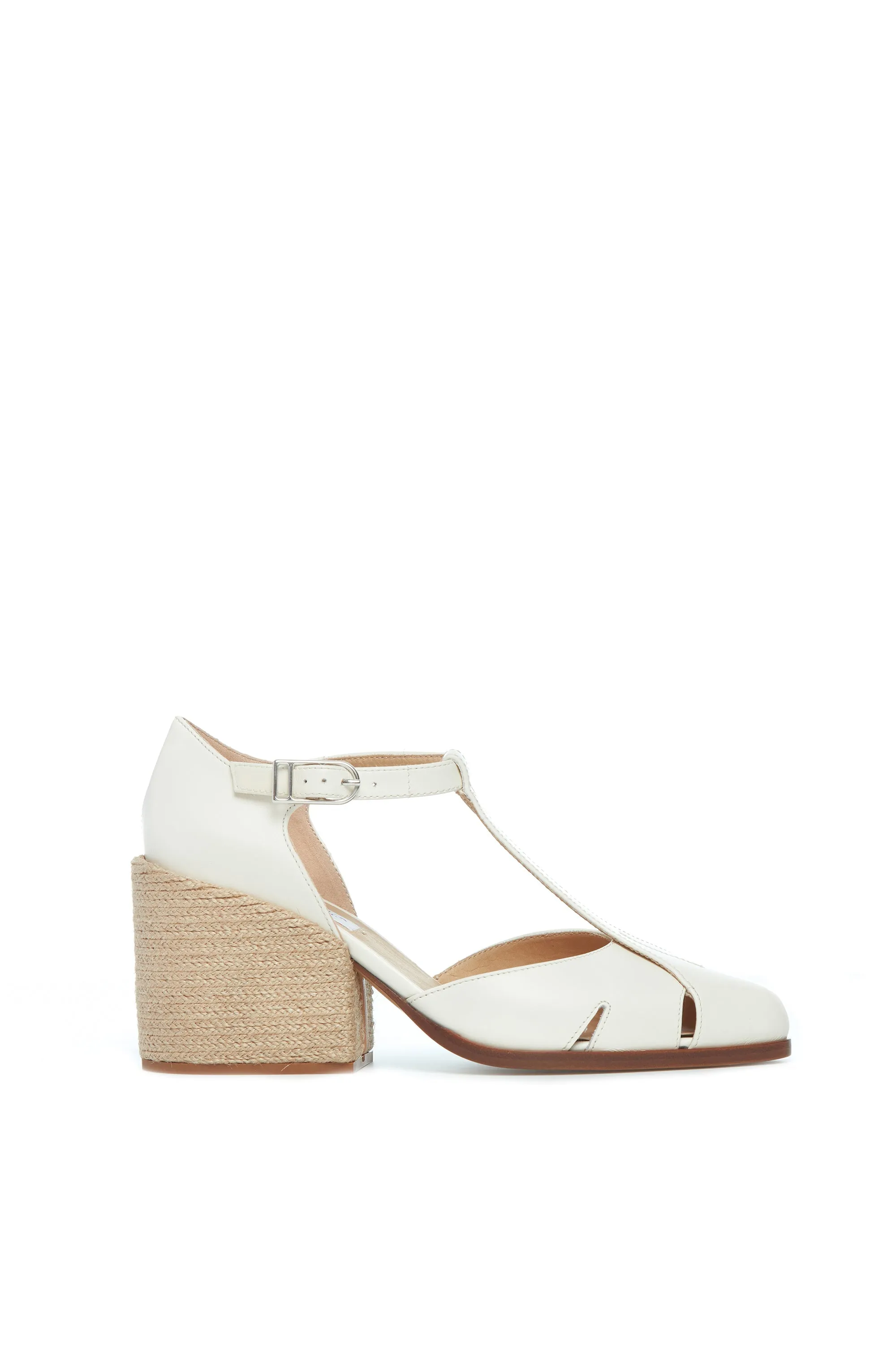 Ivy Block Heeled Pump in Cream Leather