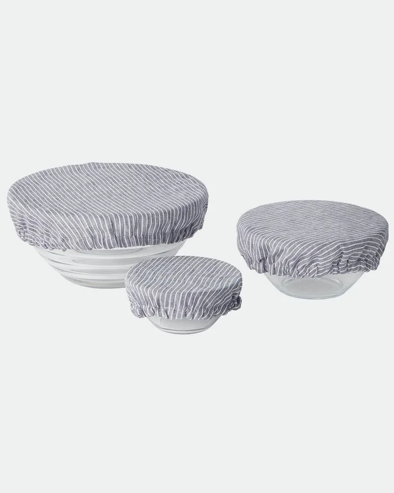 Linen Bowl Cover 3 Piece Assorted Set: Grey White Stripe