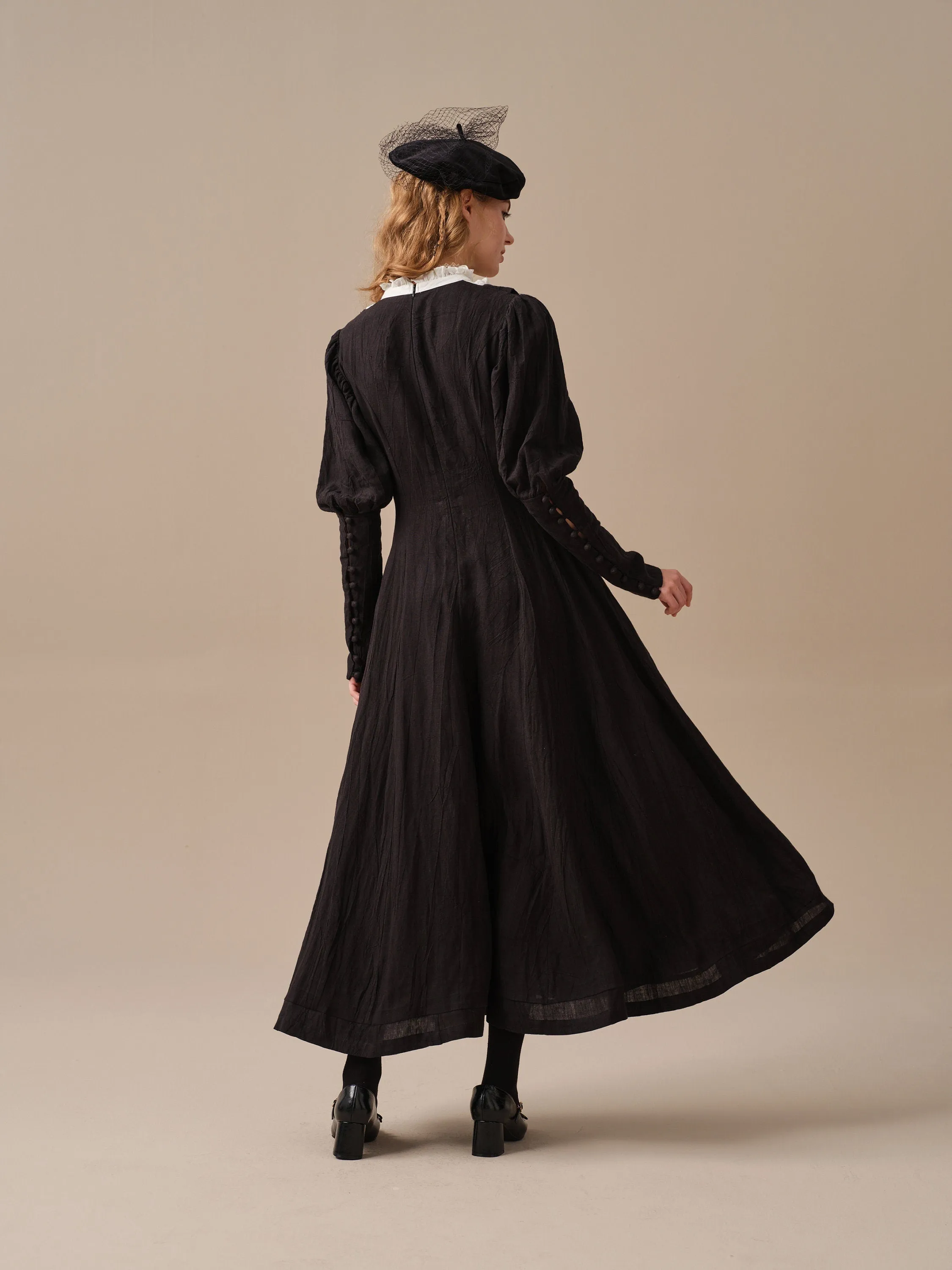 Luna 19 | 100% linen pintucked black dress