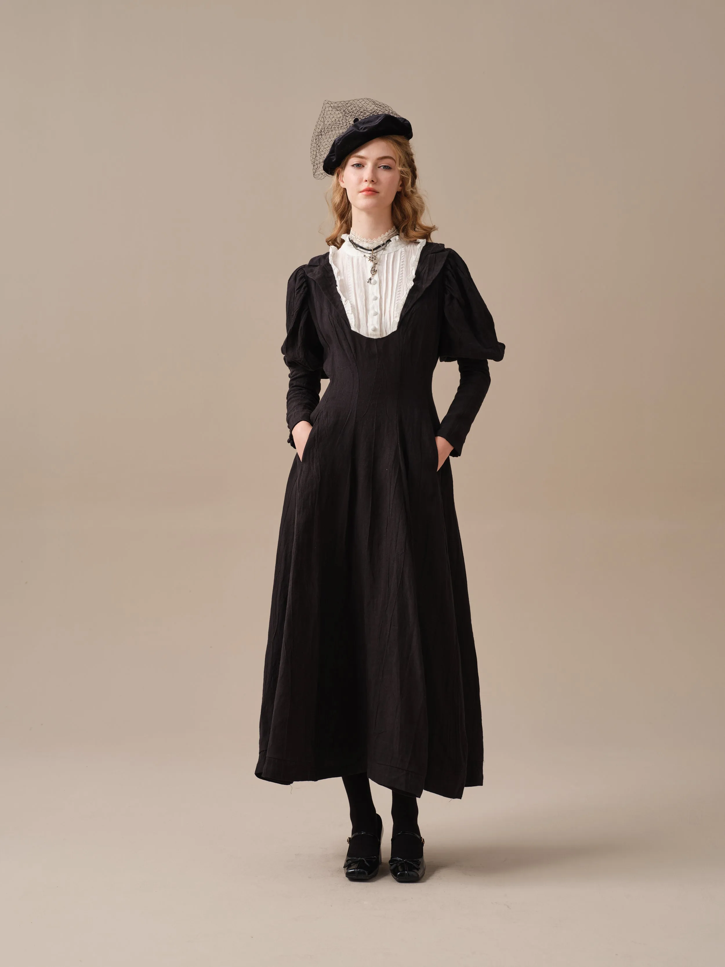 Luna 19 | 100% linen pintucked black dress