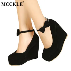 MCCKLE Women High Heels Shoes Fashion Buckle Wedges 2017 Ladies Platform Buckle Bowtie Pumps For Woman Plus Size sapato feminino