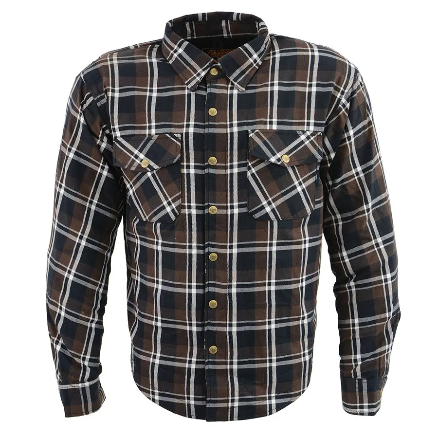 Men’s Brown Checkered Armored Flannel Biker Shirt w/ Reinforced Fibers