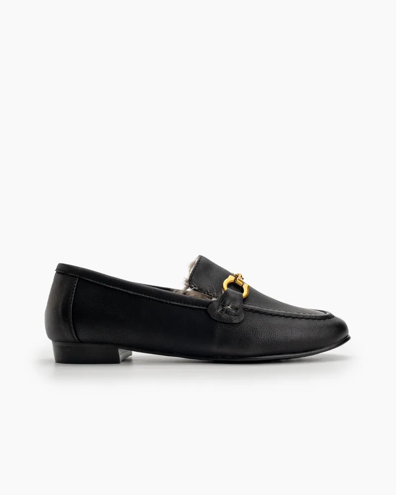 Metal Buckle Fluffy Leather Loafers