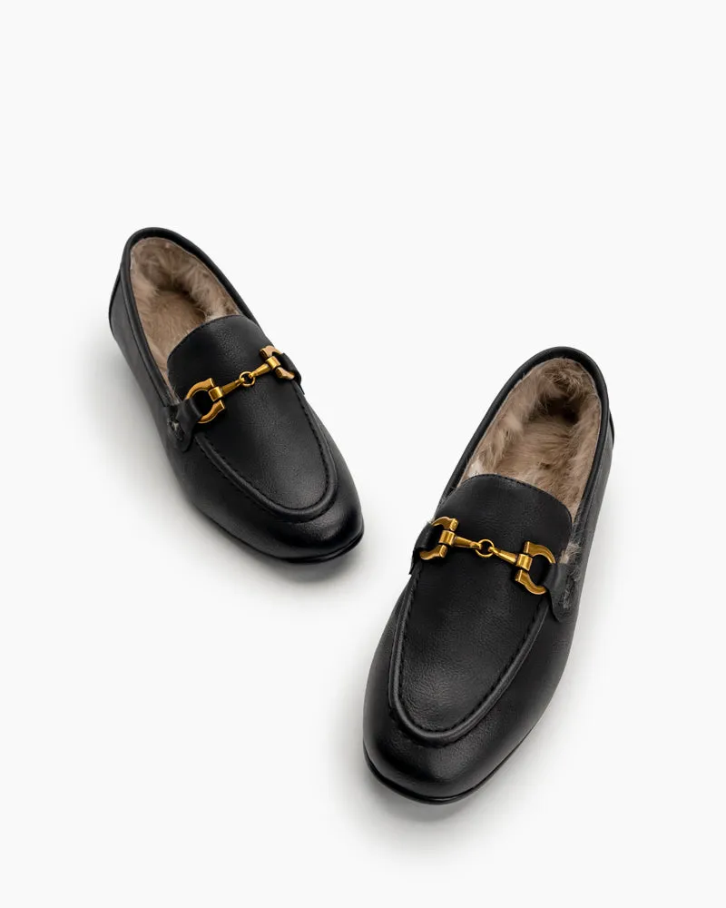 Metal Buckle Fluffy Leather Loafers