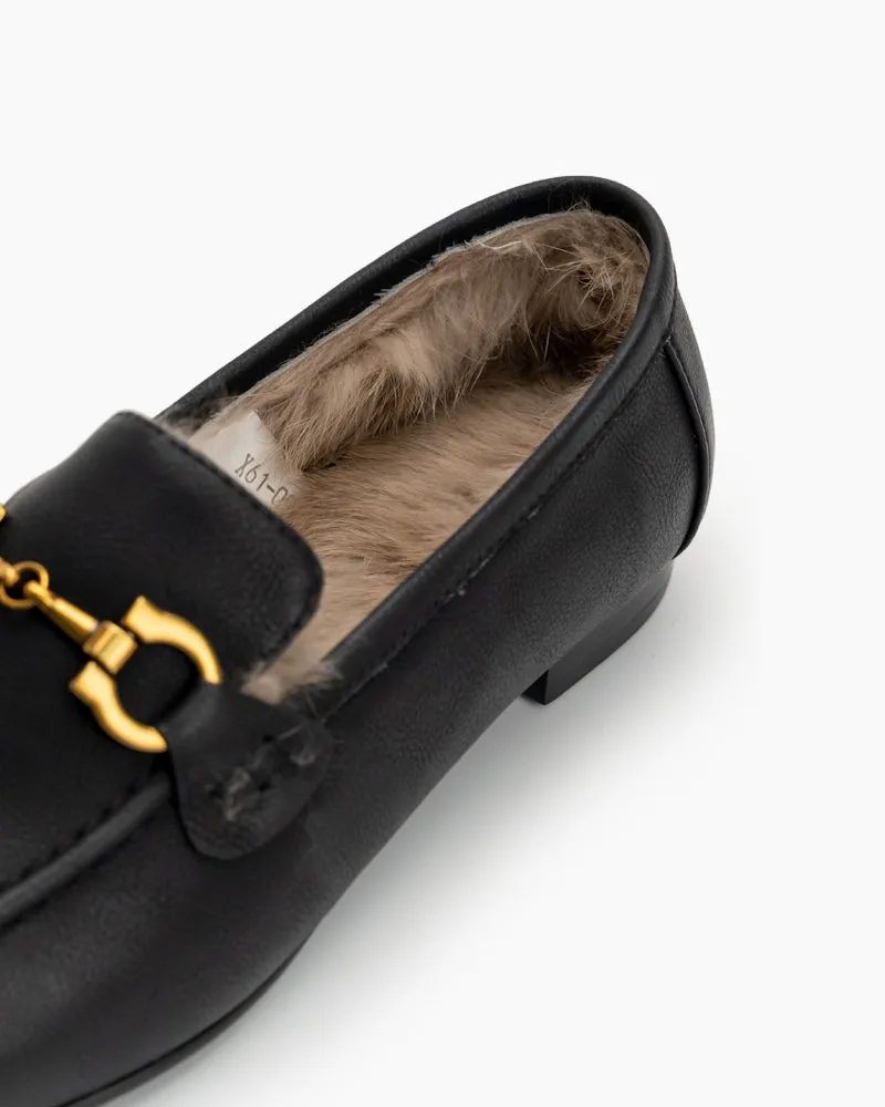 Metal Buckle Fluffy Leather Loafers