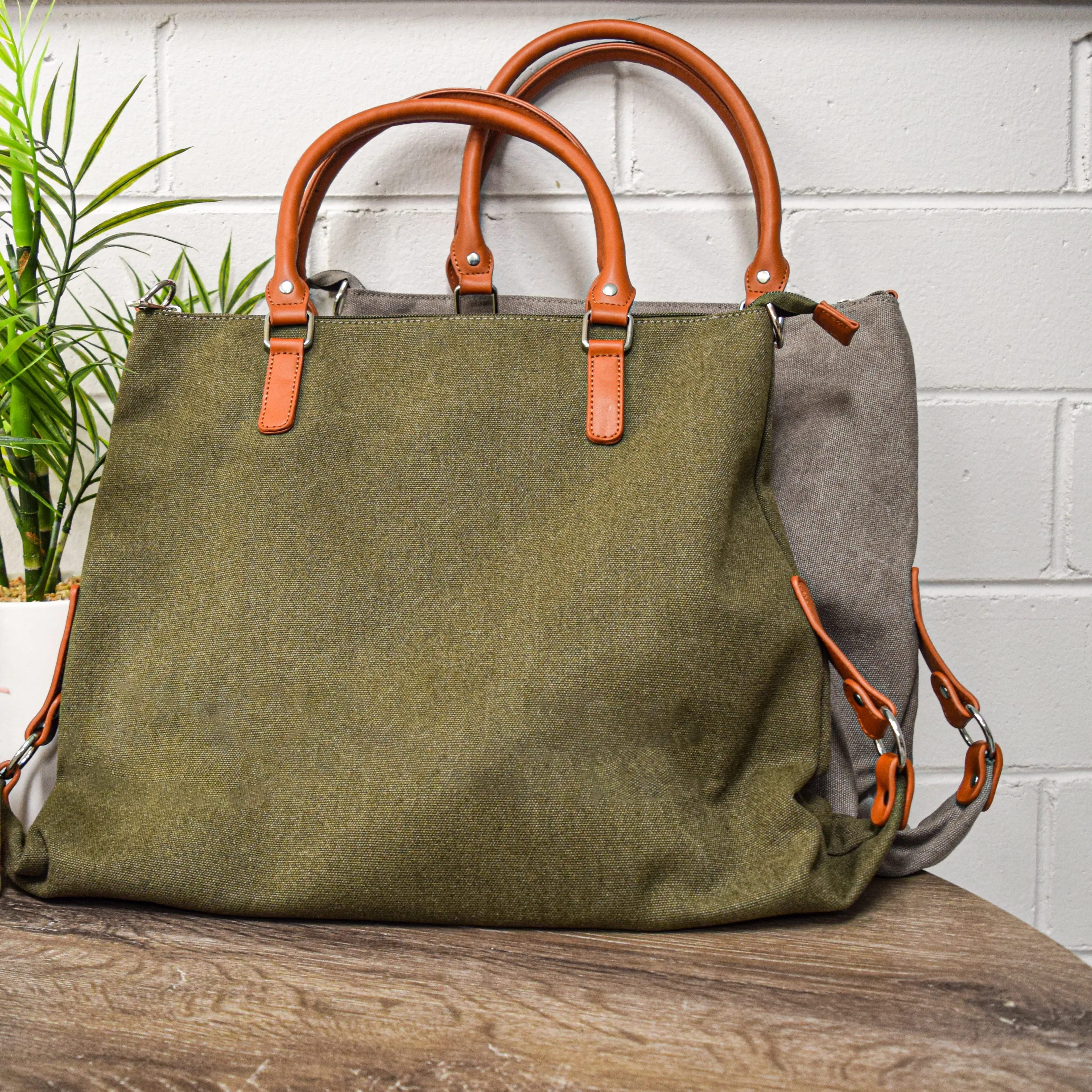 Minkara | Women's Olive Green Canvas  Handbag with Genuine Leather Straps