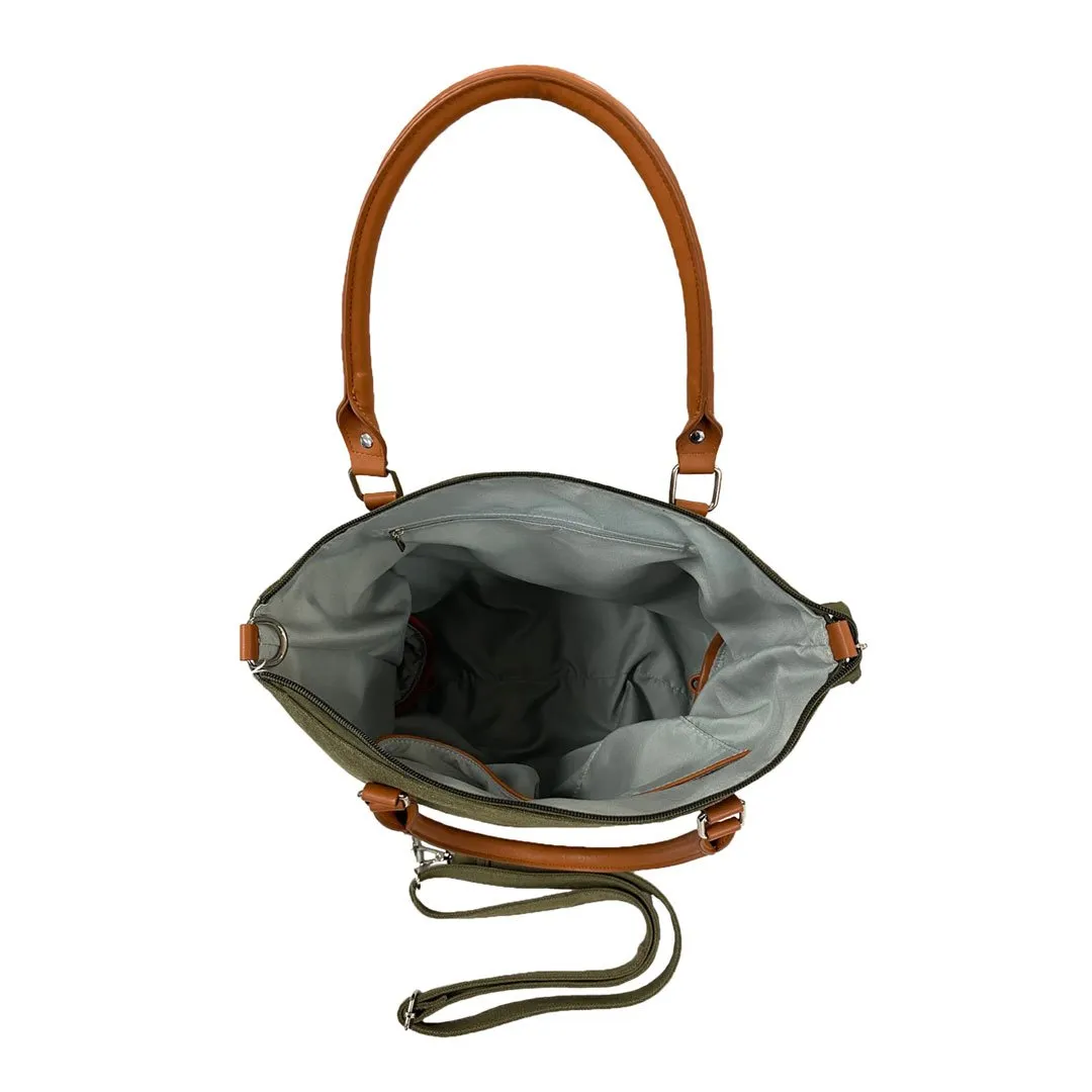 Minkara | Women's Olive Green Canvas  Handbag with Genuine Leather Straps