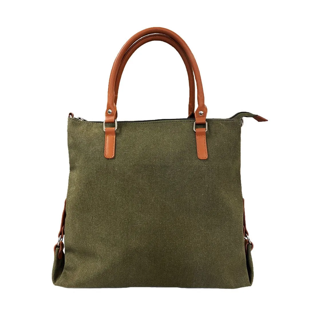 Minkara | Women's Olive Green Canvas  Handbag with Genuine Leather Straps