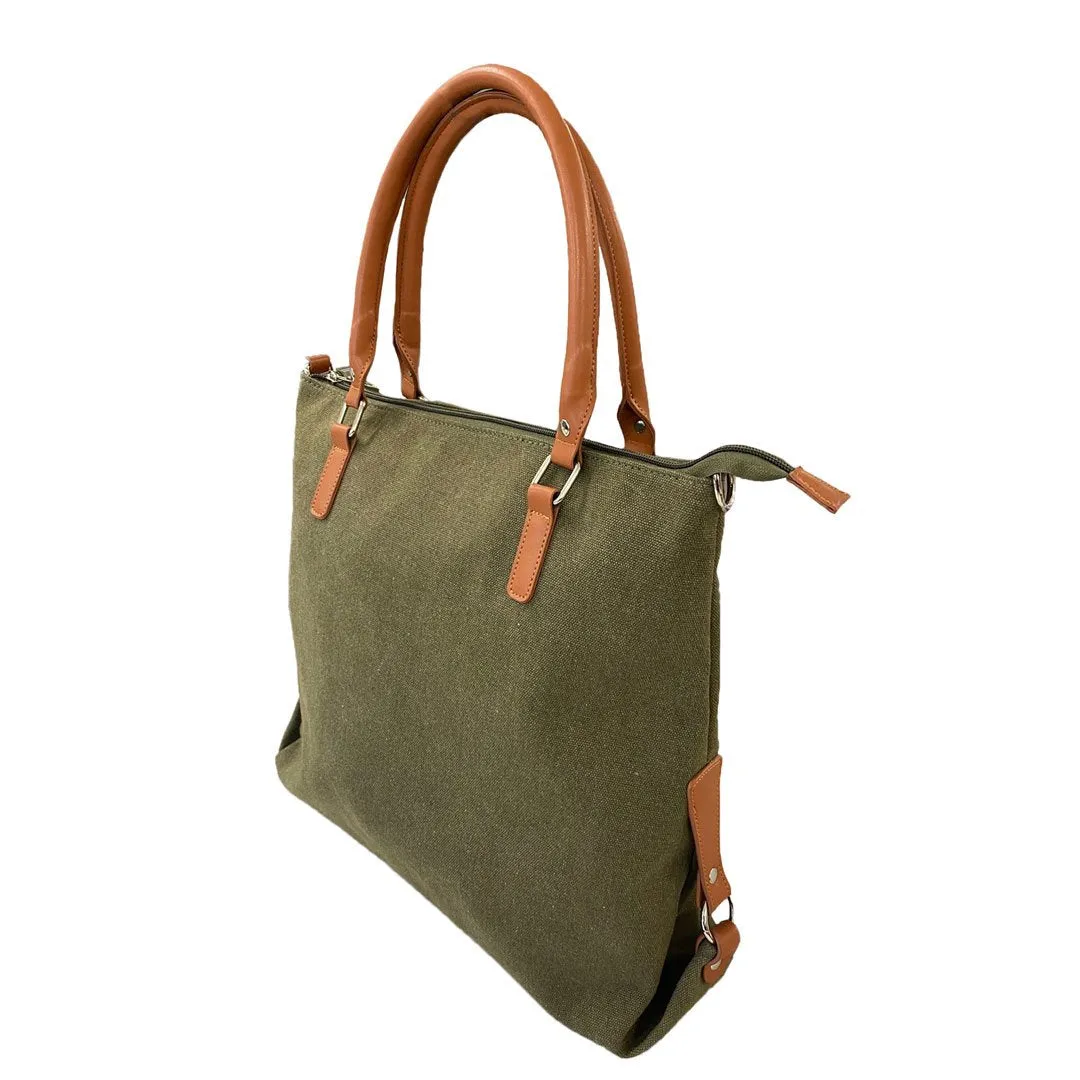 Minkara | Women's Olive Green Canvas  Handbag with Genuine Leather Straps