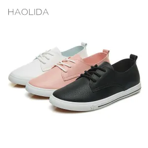 New Leather Women Shoe Casual Leather Shoes For Women Flat Shoes White Ladies Lacing Loafers Zapatos Mujer