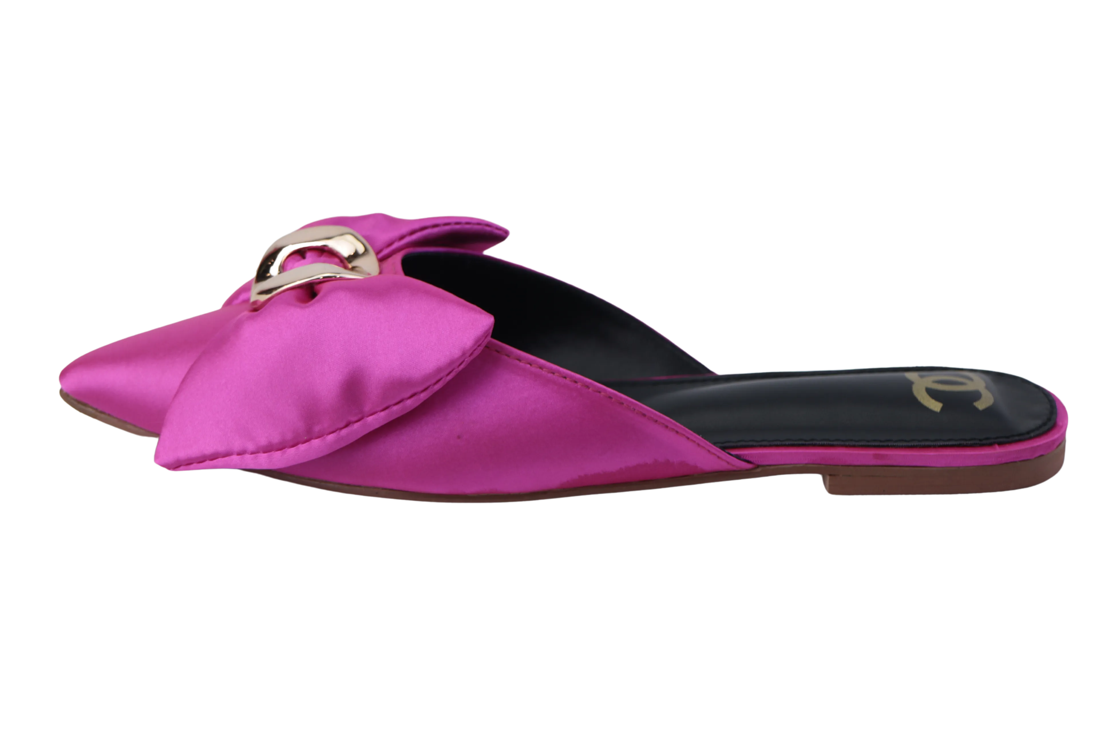 Pink Flat Mules with Gold Buckle and Bow