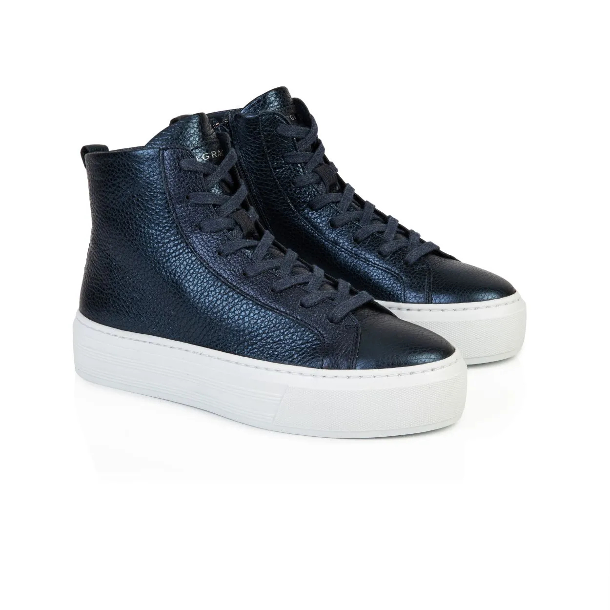 Sadie High Top: Navy Metallic Platform Trainers