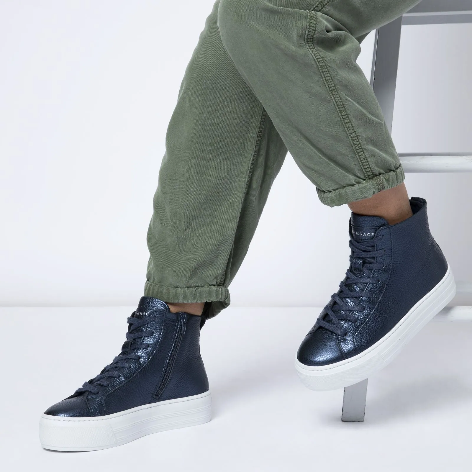 Sadie High Top: Navy Metallic Platform Trainers