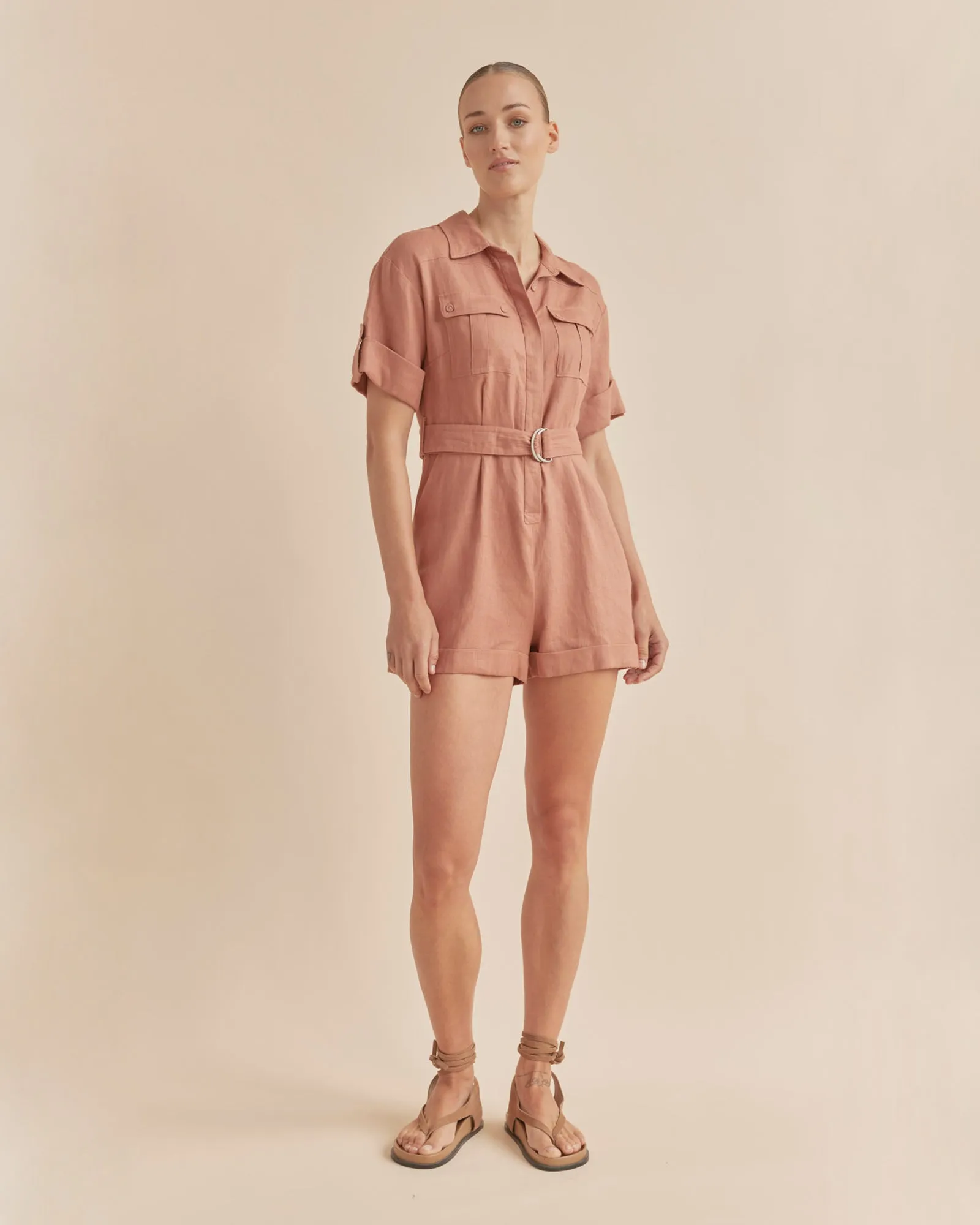 Surreal Linen Playsuit - Dusty Rose