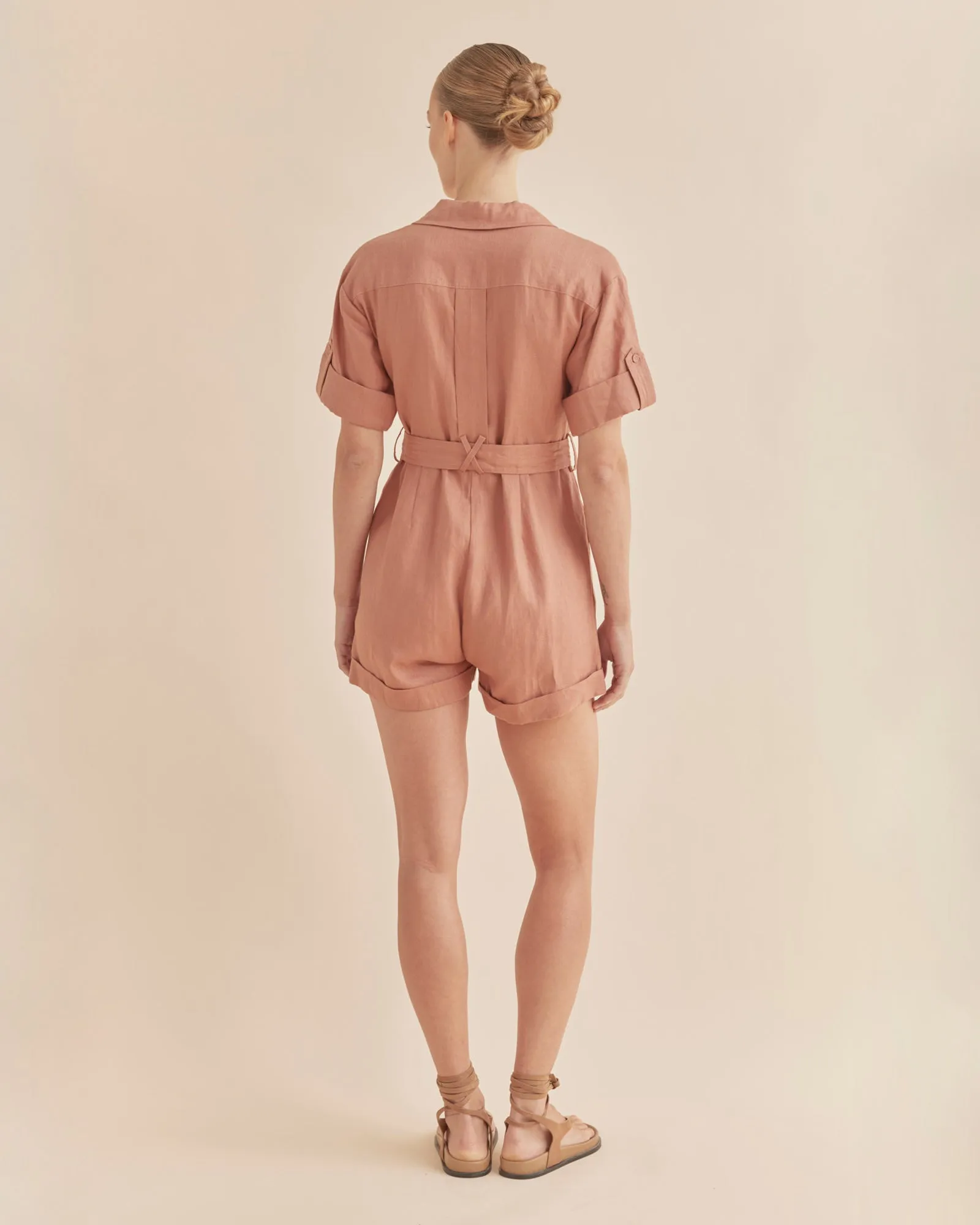 Surreal Linen Playsuit - Dusty Rose