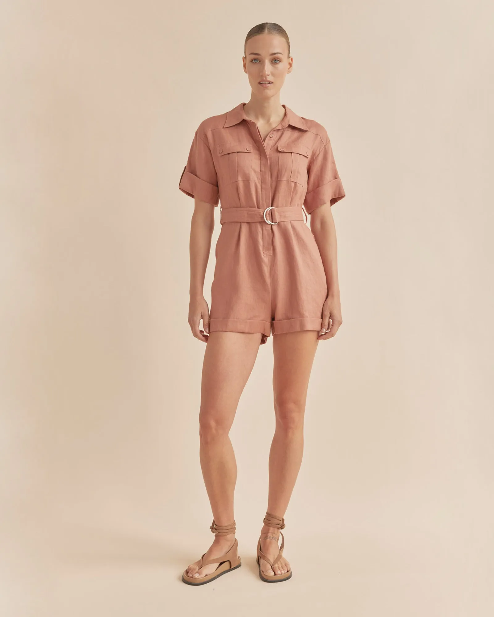 Surreal Linen Playsuit - Dusty Rose