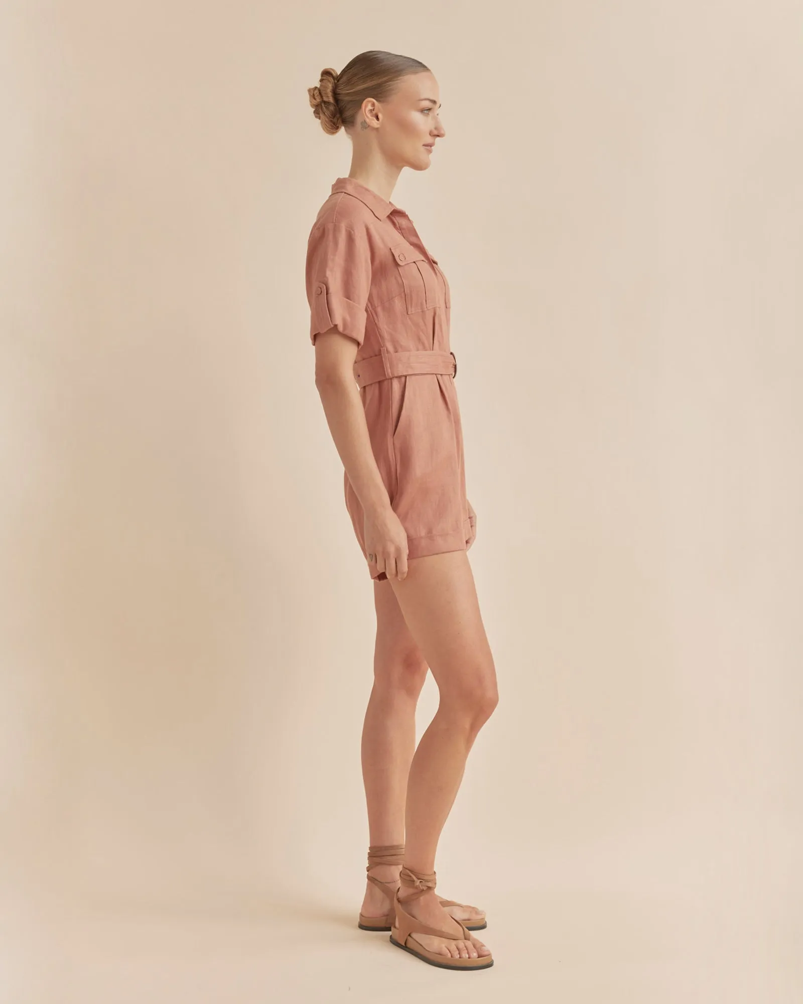 Surreal Linen Playsuit - Dusty Rose