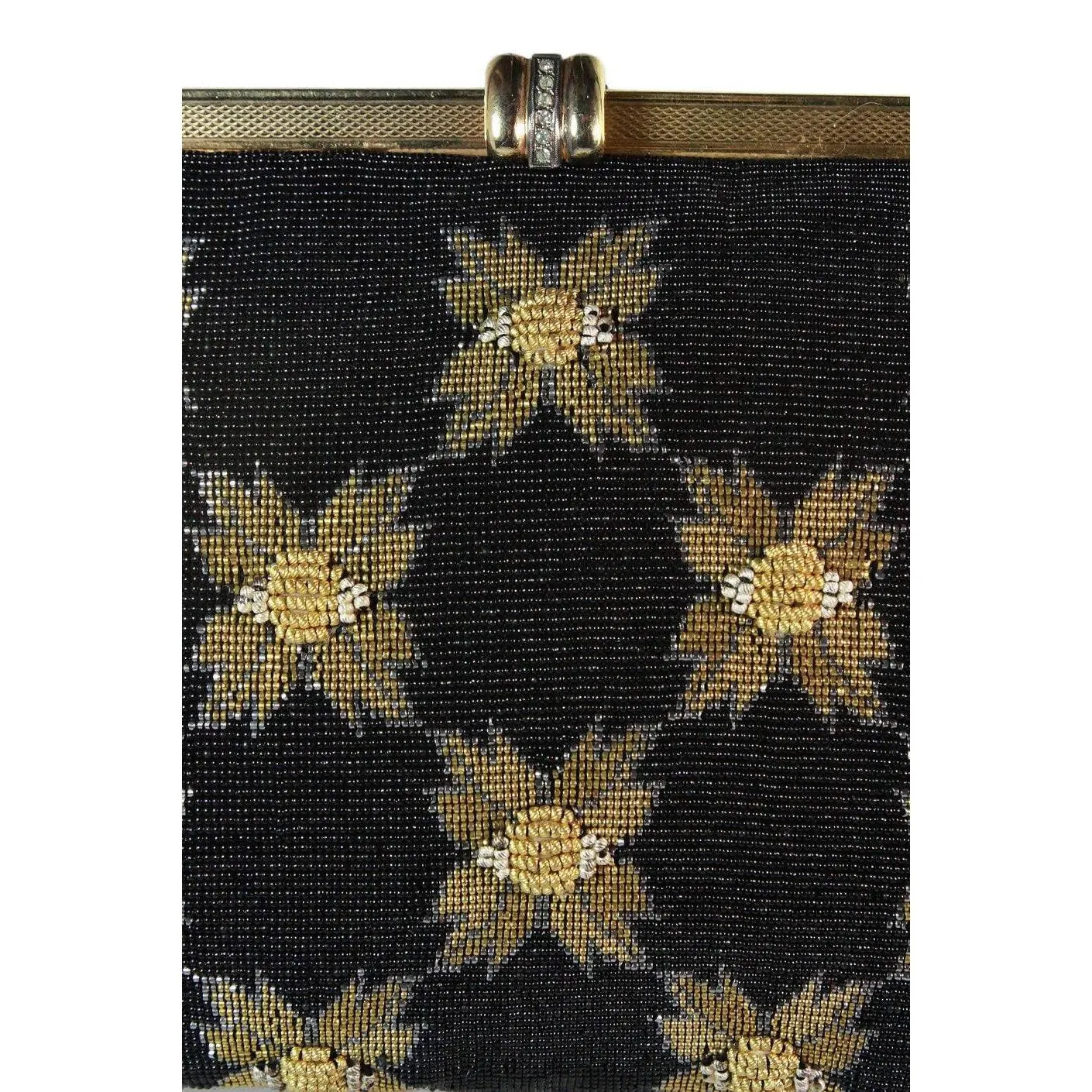 Vintage 1950's Black & Gold Caviar Beaded Floral Evening Purse