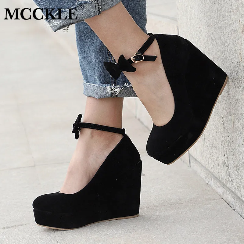 Women High Heels Plus Size Bowtie Platform Wedges Shoes Ladies Female Pumps Elegant Flock Buckle Strap Party Wedding Shoe